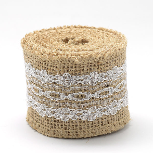 CRASPIRE Burlap Ribbon, Hessian Ribbon, Jute Ribbon, with Cotton Ribbons,  for Jewelry Making, Tan, 2 inch(50mm), about 2.187yards/roll(2m/roll)