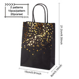 1 Set Paper Bags, with Handles, Gift Bags, Shopping Bags, with Golden Printed Pattern, Rectangle, Black, Mixed Patterns, 20.9~21.2x14.9~15x8cm, 2 patterns, 10pcs/pattern, 20pcs/set