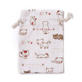 20 pc Burlap Kitten Packing Pouches, Drawstring Bags, Rectangle with Cartoon Cat Pattern, White, 14.3~14.6x10~10.2cm