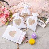 10 pc Burlap Packing Pouches, Drawstring Bags, Rectangle with Heart, White, 14.2~14.5x10cm