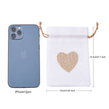 10 pc Burlap Packing Pouches, Drawstring Bags, Rectangle with Heart, White, 14.2~14.5x10cm