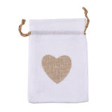 10 pc Burlap Packing Pouches, Drawstring Bags, Rectangle with Heart, White, 14.2~14.5x10cm