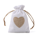 10 pc Burlap Packing Pouches, Drawstring Bags, Rectangle with Heart, White, 14.2~14.5x10cm