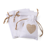 10 pc Burlap Packing Pouches, Drawstring Bags, Rectangle with Heart, White, 14.2~14.5x10cm