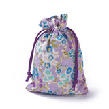 20 pc Burlap Packing Pouches, Drawstring Bags, Rectangle with Flower Pattern, Purple, 14.2~14.7x10~10.3cm