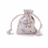 20 pc Burlap Kitten Packing Pouches, Drawstring Bags, Rectangle with Cartoon Cat Pattern, Colorful, 8.7~9x7~7.2cm