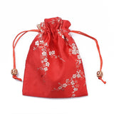 10 pc Silk Packing Pouches, Drawstring Bags, with Wood Beads, Red, 14.7~15x10.9~11.9cm