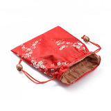 10 pc Silk Packing Pouches, Drawstring Bags, with Wood Beads, Red, 14.7~15x10.9~11.9cm