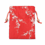 10 pc Silk Packing Pouches, Drawstring Bags, with Wood Beads, Red, 14.7~15x10.9~11.9cm