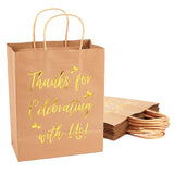 12 pc Kraft Paper Bags, with Jute Twine Handles & Word Pattern, Gift Bags, Shopping Bags, Rectangle, Gold, 34x20.5x0.5cm