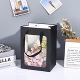 10 pc Flower Bouquet Paper Gift Bags, Portable Kraft Paper Tote Shopping Bag, with PVC Transparent Window and Handles, Party Gift Wrapping Bags, Rectangle, Black, 18x13x25cm