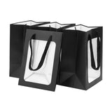 10 pc Flower Bouquet Paper Gift Bags, Portable Kraft Paper Tote Shopping Bag, with PVC Transparent Window and Handles, Party Gift Wrapping Bags, Rectangle, Black, 18x13x25cm