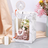 10 pc Flower Bouquet Paper Gift Bags, Portable Kraft Paper Tote Shopping Bag, with PVC Transparent Window and Handles, Party Gift Wrapping Bags, Rectangle with Marble Pattern, WhiteSmoke, 18x13x25cm