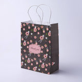 10 pc kraft Paper Bags, with Handles, Gift Bags, Shopping Bags, Rectangle, Flower Pattern, Black, 21x15x8cm