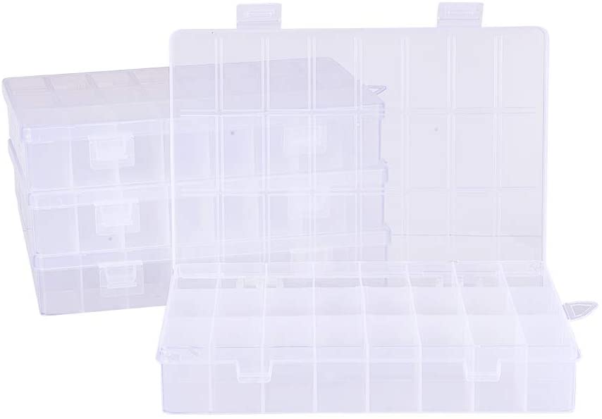 CRASPIRE 1 Set 4 Pack 24 Grids Jewelry Dividers Box Organizer Clear Plastic  Bead Case Storage Container for Beads, Jewelry, Nail Art, Small Items Craft  Findings 19x13x3.6cm, Compartment: 4.1x2.3cm