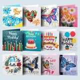 Craspire DIY Birthday Theme Diamond Painting Greeting Card Kits, including Paper Card, Paper Envelope, Resin Rhinestones, Diamond Sticky Pen, Tray Plate and Glue Clay, Mixed Color, Paper: 150x300mm, 12 patterns, 1pc/pattern, 12pcs, 2Set/Pack