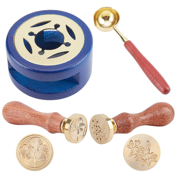 2pcs Wax Seal Stamp Set with Wooden Wax Furnace(Leaf+Flower）