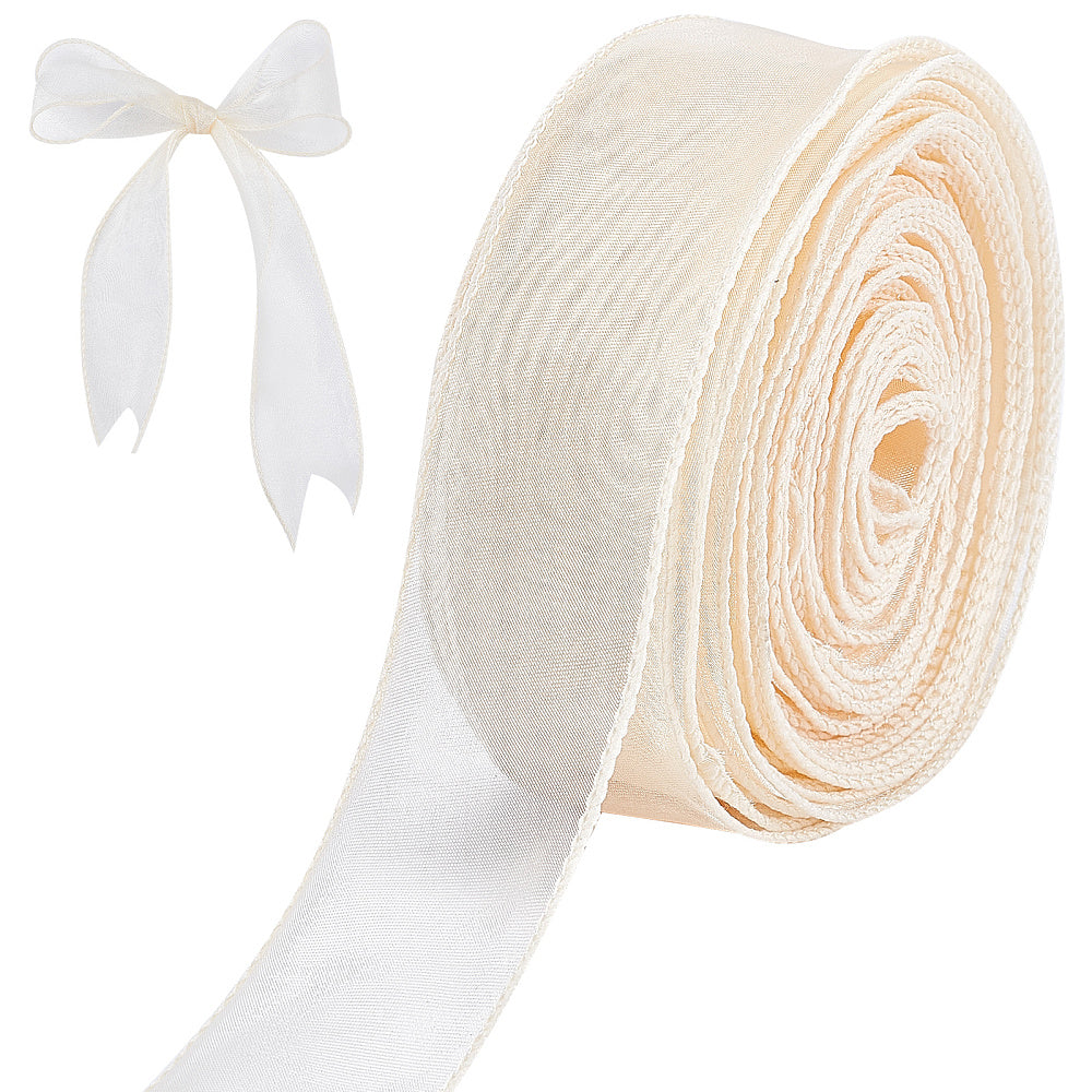 CRASPIRE 1 Roll Polyester Imitation Linen Wrapping Ribbon, Wired