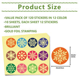 Craspire Paper Self Adhesive Gold Foil Embossed Stickers, Colorful Round Dot Decals for Seal Decoration, DIY ScrapbookScrapbook, Snowflake Pattern, 50x50mm, 12pcs/sheet, 10 sheets/set