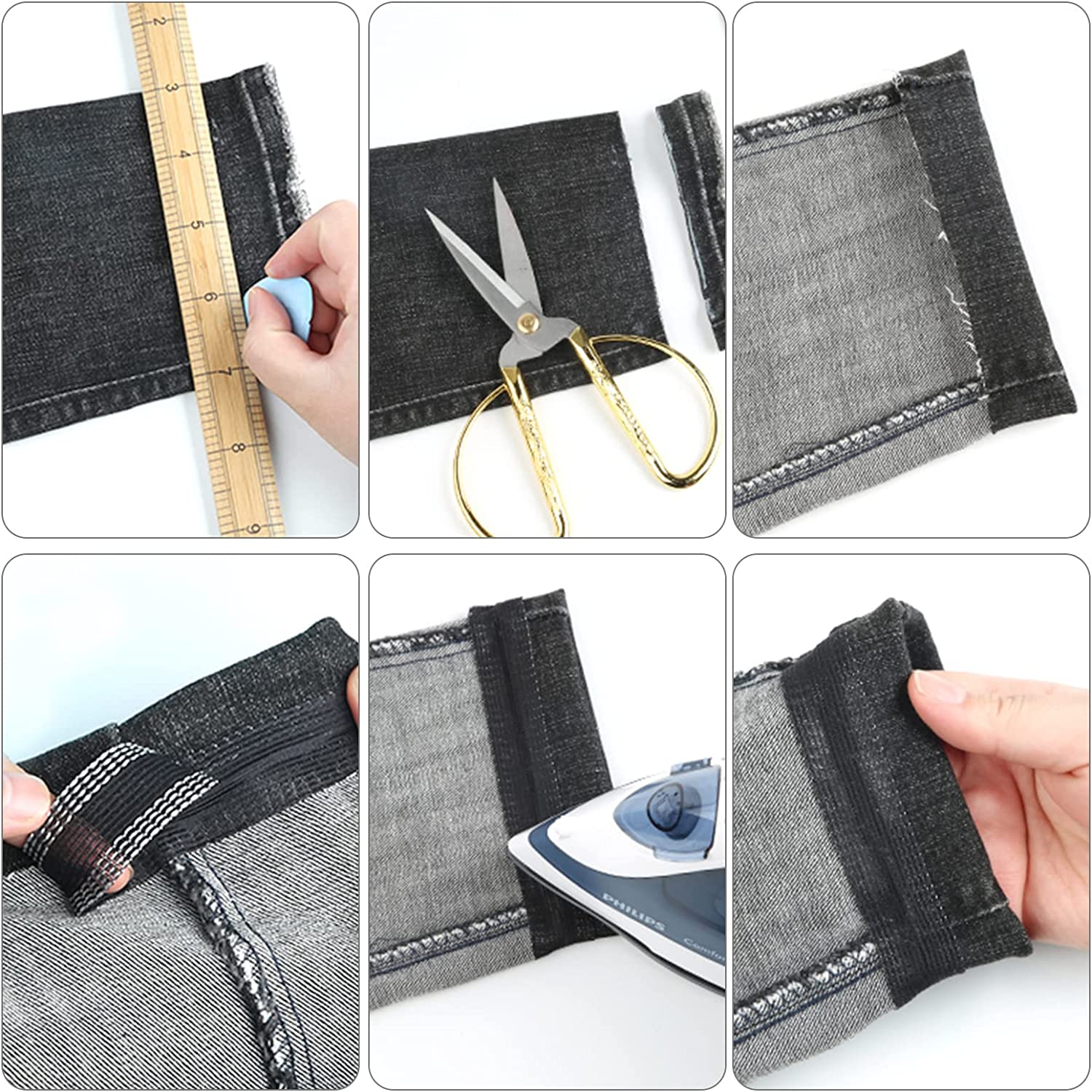  KINBOM 2 Rolls 140 Yards Iron On Hem Tape, No Sew Hemming Tape  for Pants, Widened Iron-On Fabric Fusing Tape for Hemming Broken Curtains  Clothes Jeans Skirt（Black 2cm/0.8inch, White 2.5cm/1 inch） 