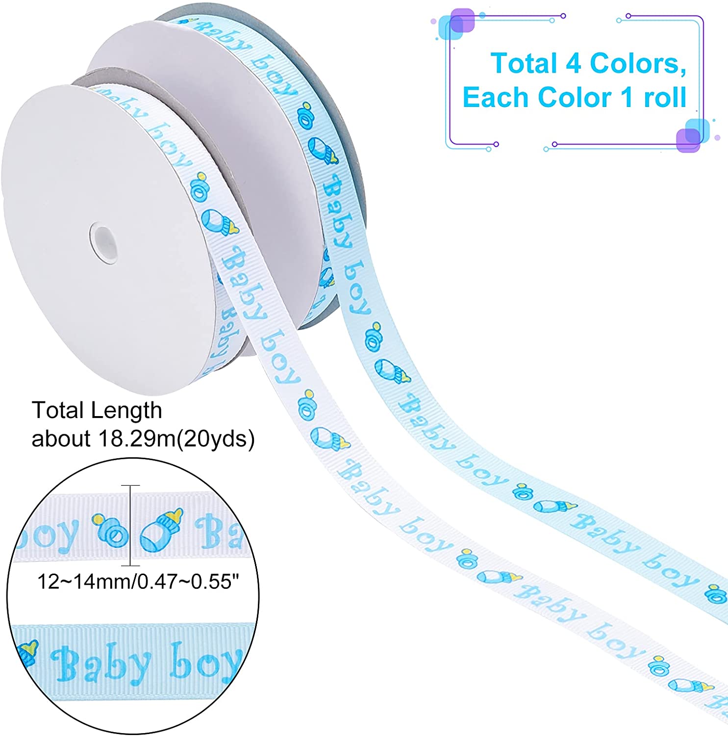 CRASPIRE Baby Shower Ornaments Decorations Word Baby Printed Polyester  Grosgrain Ribbons, Mixed Color, 5/8 inch(14mm); about  20yards/roll(18.29m/roll), 4 colors, 1roll/color, 4rolls/set