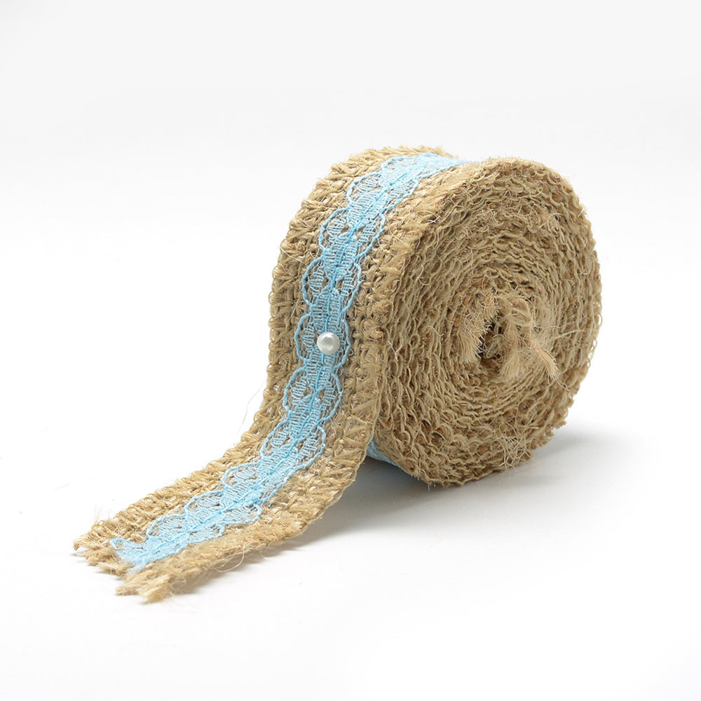 Natural Jute Burlap Ribbon with White Lace 2 Inch x 2 Mtr Each Pack of 2