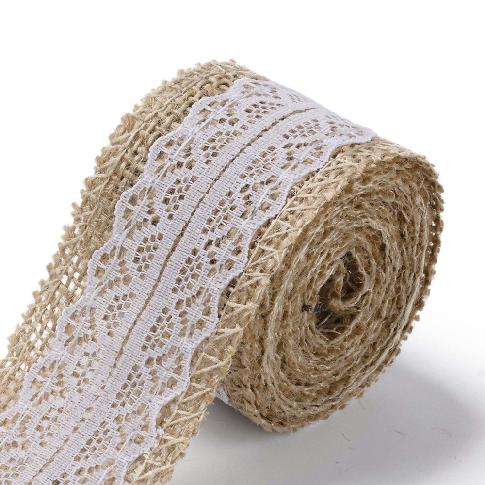 CRASPIRE Burlap Ribbon, Hessian Ribbon, Jute Ribbon, with Cotton Ribbon,  for Jewelry Making, White, 2 inch(50mm), about 2.187yards/roll(2m/roll),  12rolls/bag