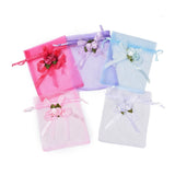 100 pc PandaHall Elite Organza Packing Pouches, Drawstring Bags, Rectangle with Rose, Mixed Color, 12~12.2x10~10.4x0.65cm, Flower: 90x55x3mm, 50pcs/set