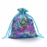 100 pc Organza Gift Bags, Drawstring Bags, with Colorful Coral Pattern, Rectangle, Dark Turquoise, 15x10cm