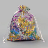 100 pc Organza Gift Bags, Drawstring Bags, with Colorful Coral Pattern, Rectangle, White, 9x7cm