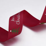 1 Roll Polyester Printed Grosgrain Ribbons, Christmas Tree and Word Merry Christmas, Dark Red, 1 inch(25mm), about 100yards/roll(91.44m/roll)