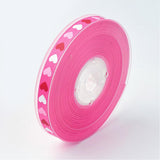 1 Roll Polyester Grosgrain Ribbon, with Heart Printed, Hot Pink, 3/8 inch(9mm), about 100yards/roll(91.44m/roll)