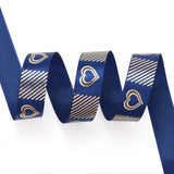 3 Roll Polyester Ribbons, Single Face Golden Hot Stamping, for Gifts Wrapping, Party Decoration, Heart Pattern, Marine Blue, 5/8 inch(17mm), 10yards/roll(9.14m/roll)