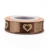 3 Roll Polyester Ribbons, Single Face Golden Hot Stamping, for Gifts Wrapping, Party Decoration, Heart Pattern, Coconut Brown, 5/8 inch(17mm), 10yards/roll(9.14m/roll)