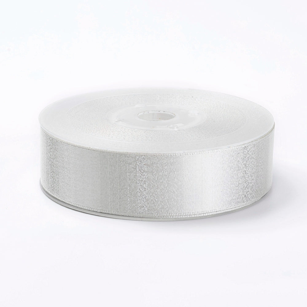 1 Roll Double Face Polyester Satin Ribbon, with Metallic Silver Color,  White, 3/8 inch(9mm)