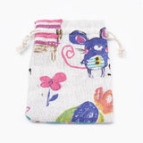 5 pc Polycotton(Polyester Cotton) Packing Pouches Drawstring Bags, with Printed Cat and Mouse, Old Lace, 14x10cm