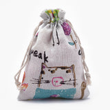 5 pc Polycotton(Polyester Cotton) Packing Pouches Drawstring Bags, with Printed Cat and Mouse, Old Lace, 14x10cm